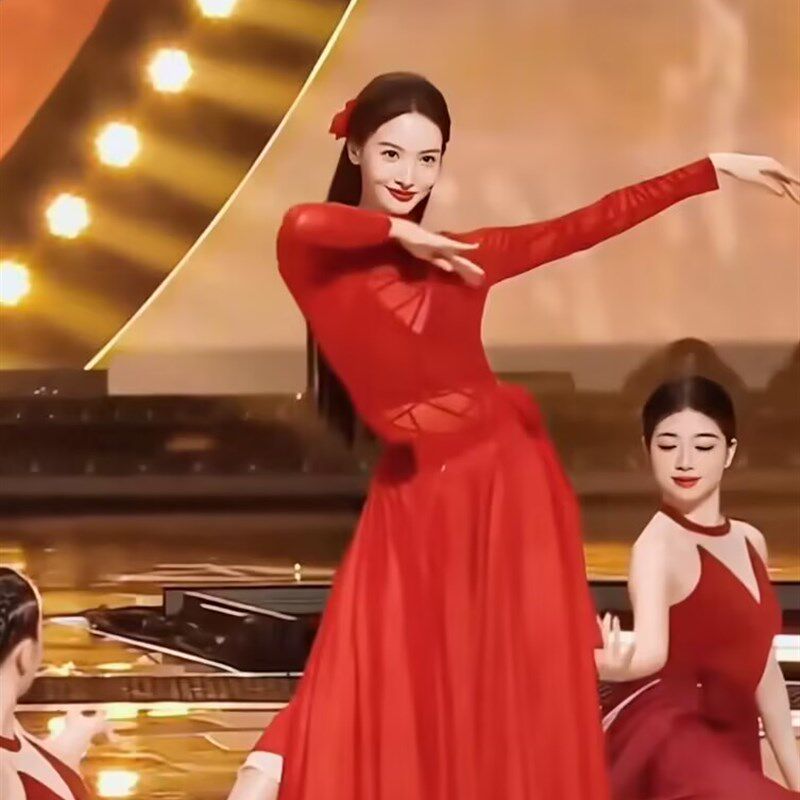 速发金晨2024考民族舞裙年古典双层大摆艺半身纱裙演出舞蹈服套装