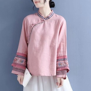 速发中国风复古刺襟盘扣茶服春季 宽松上衣 重工斜绣改良禅意小衫