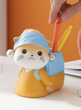 速发创意猫咪笔筒摆可办公室好装桌面收纳盒物饰品送孩生日礼物件