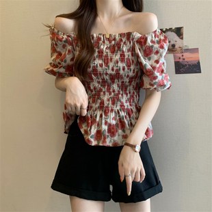 速发甜妹一字肩季腰碎花夏收大码胖妹美法式气质泡泡袖上衣