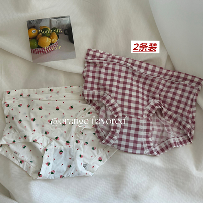 2条装～加州女孩甜美小草莓内裤～冰丝透气无痕格子少女三角裤头