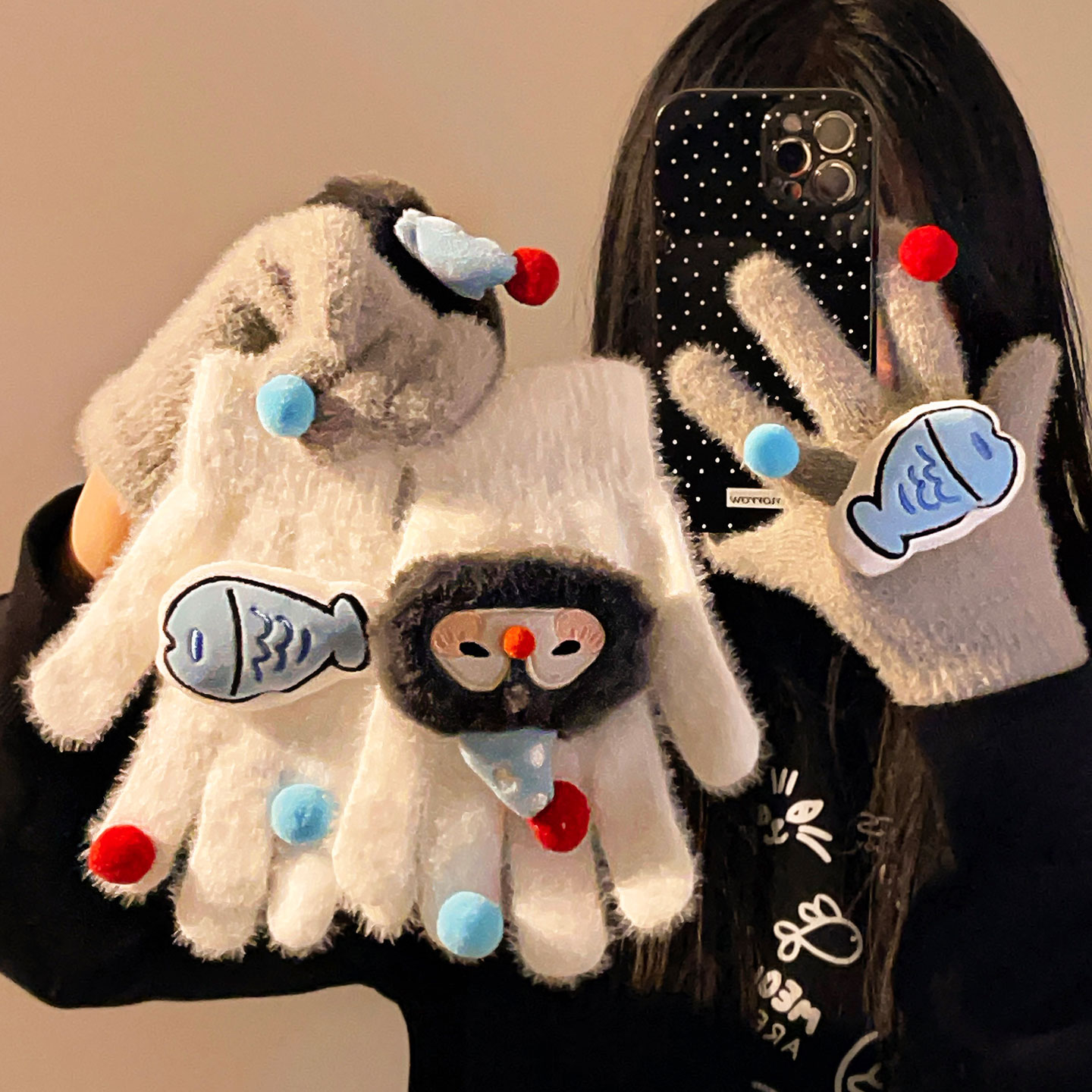 企鹅手套毛茸茸手套女冬季骑车