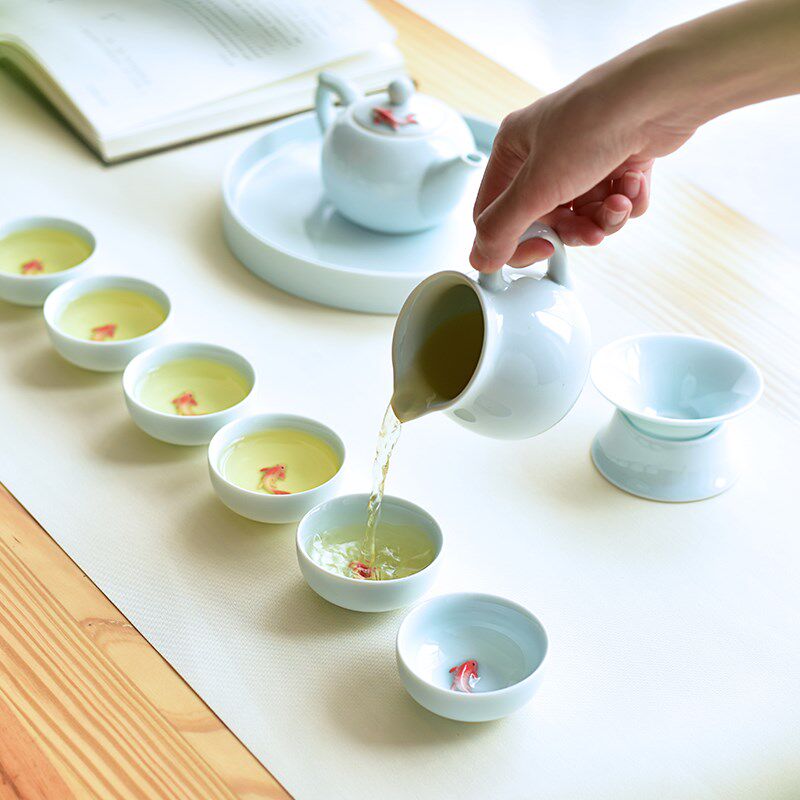 现货速发B6J1茶杯品茗杯陶瓷青瓷小鱼茶碗茶壶功夫茶具套装中式主