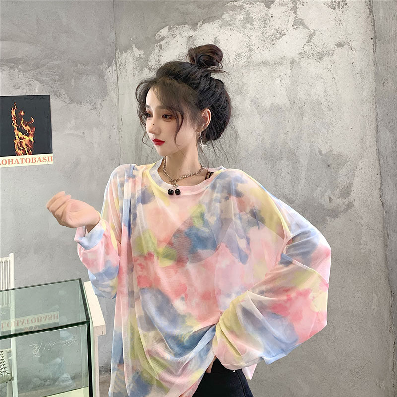 速发扎染季变粉色t恤长款薄袖宽松微胖中长款防晒罩衫夏渐上衣