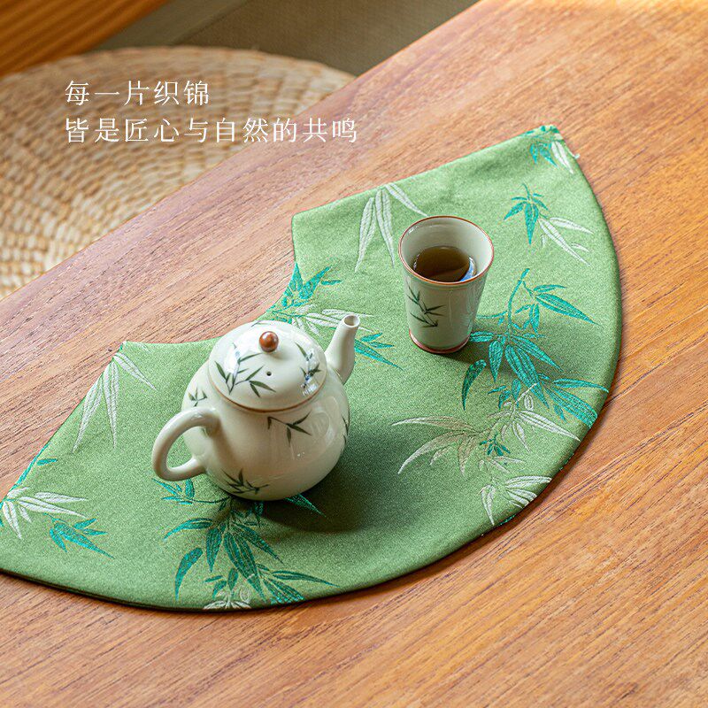 速发新中式扇形防水茶席桌旗轻奢高端干泡台茶台茶垫绿色竹子茶桌
