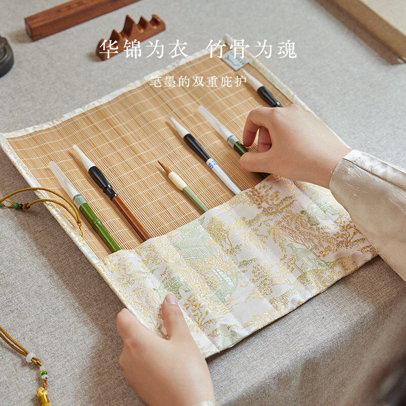 速发新中式毛笔笔帘专用中国风随身携带大容量文房四宝收纳袋高级