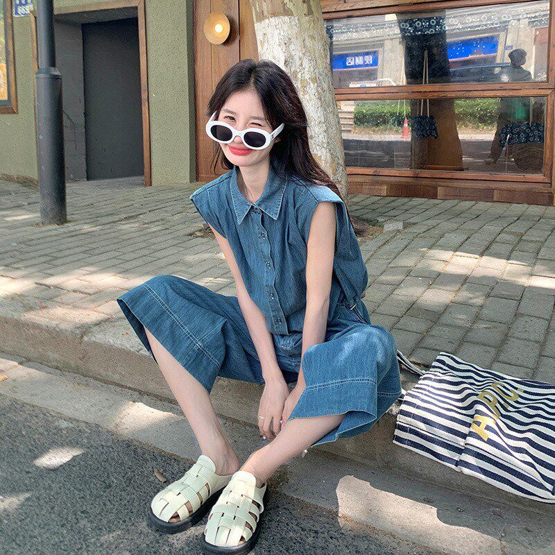 速发蓝色夏系复古牛仔套装两小个子简约高级感马甲七分阔腿裤盐件