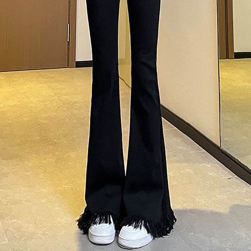 速发黑色毛边微牛仔裤0秋2春2拖款高腰流苏新地马蹄裤