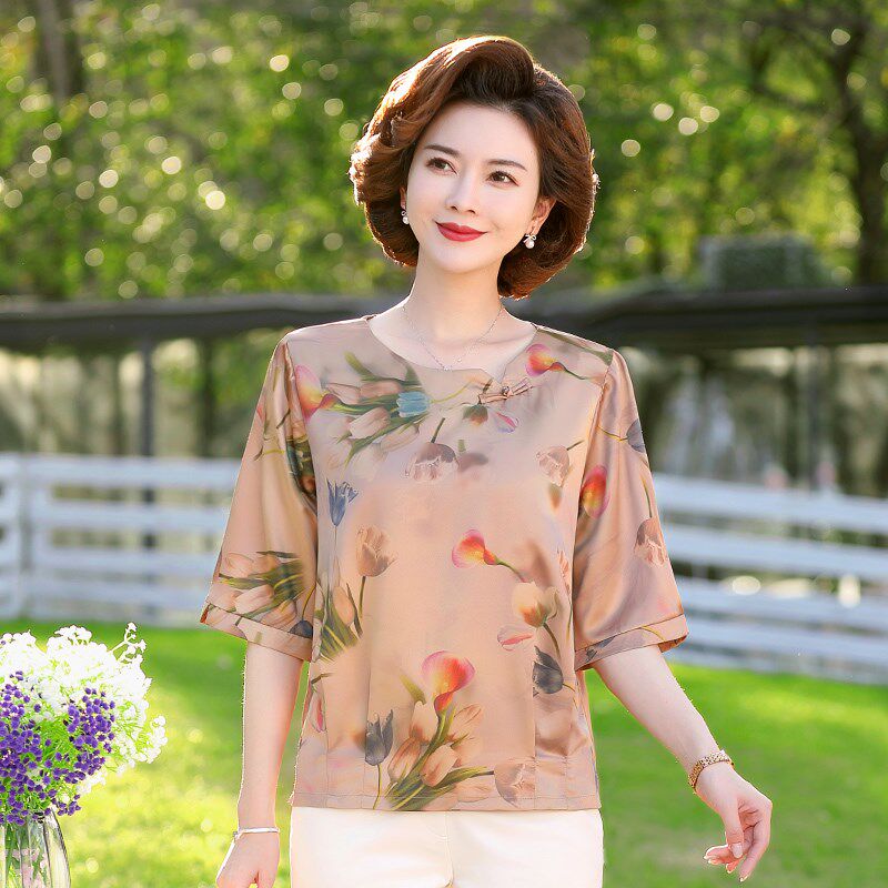 速发小个子妈妈杭州真丝上衣大码时尚套装中老年洋气T桖衫夏