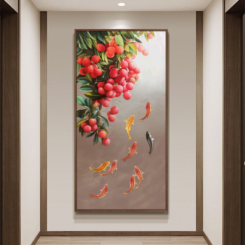 速发玄关装饰画纯手绘油画荔枝九鱼图入户竖版新中式简约立体挂画