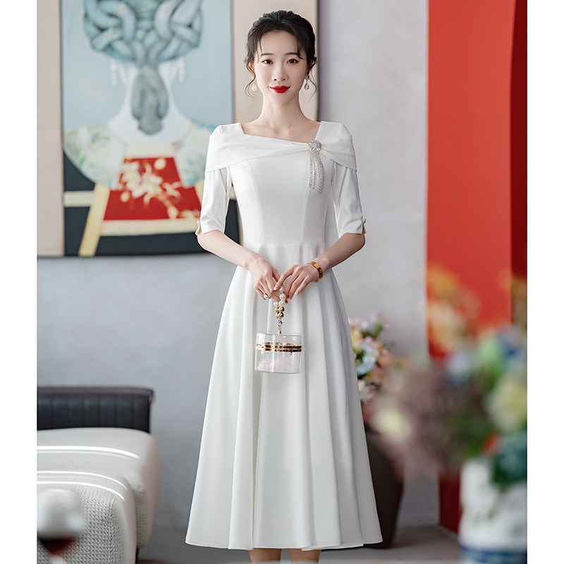 速发白色晚礼服裙宴会高端小个子领证登记白裙法式平时可穿轻奢小