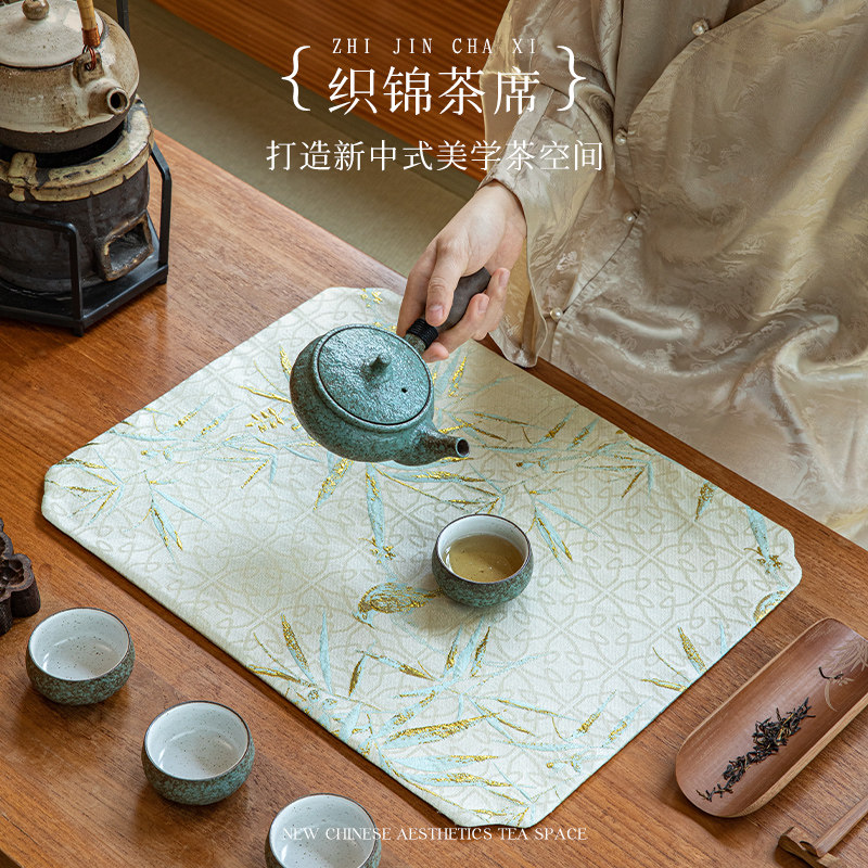 速发新中式干泡台竹子短茶席家用织锦茶桌布防水茶垫禅意桌旗茶具