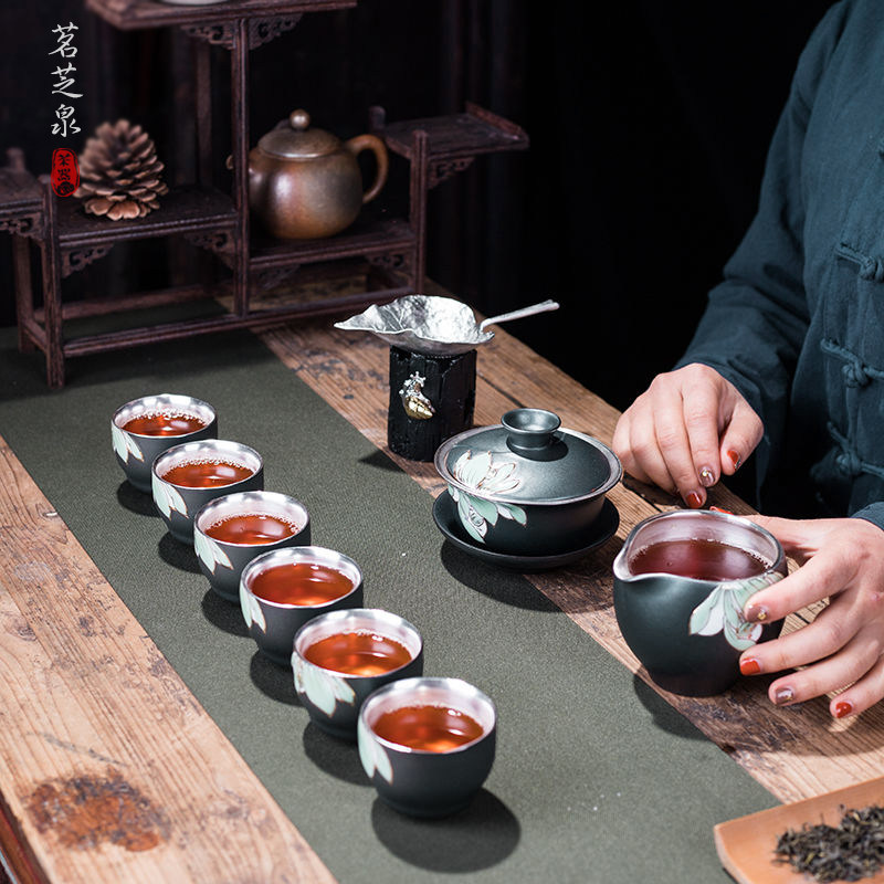 速发茗芝泉高端鎏银茶具套装家用简约银茶杯陶瓷功夫泡茶壶整套礼