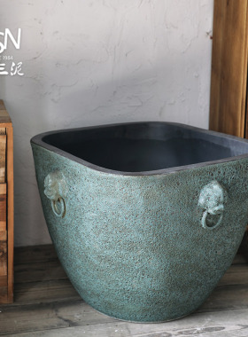 速发复古陶瓷仿件缸大花盆鱼缸落地摆古庭泡园林粗陶手工泡院釉狮