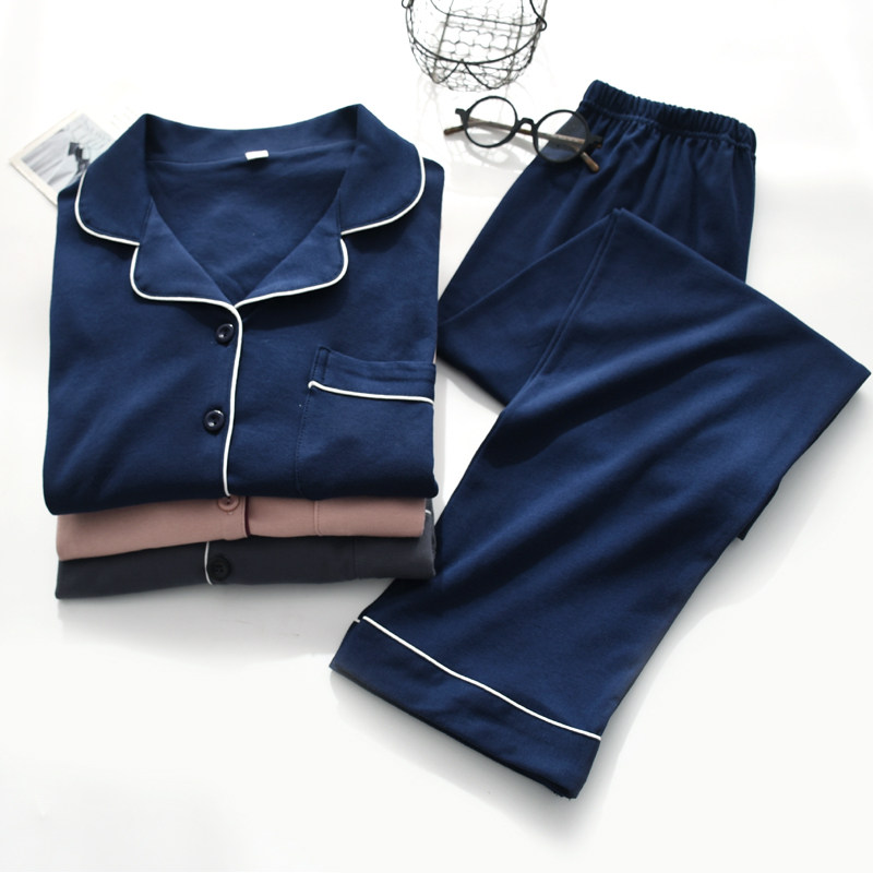 速发纯色简约睡衣式男士春棉毛长袖大码服侣家居情套装