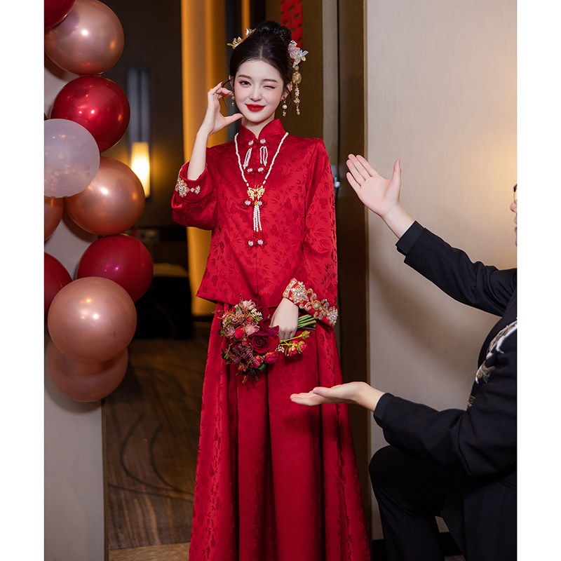 现货速发孕妇敬酒服结婚当天新娘便装红色中式大码订婚秀禾礼服裙