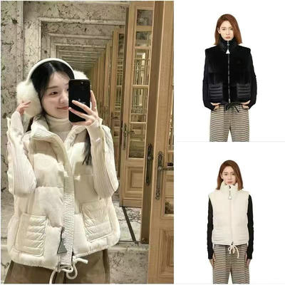 高端 2025新款蒙家羽绒服女马甲獭兔毛短款大鹅拼接马夹鹅绒白色