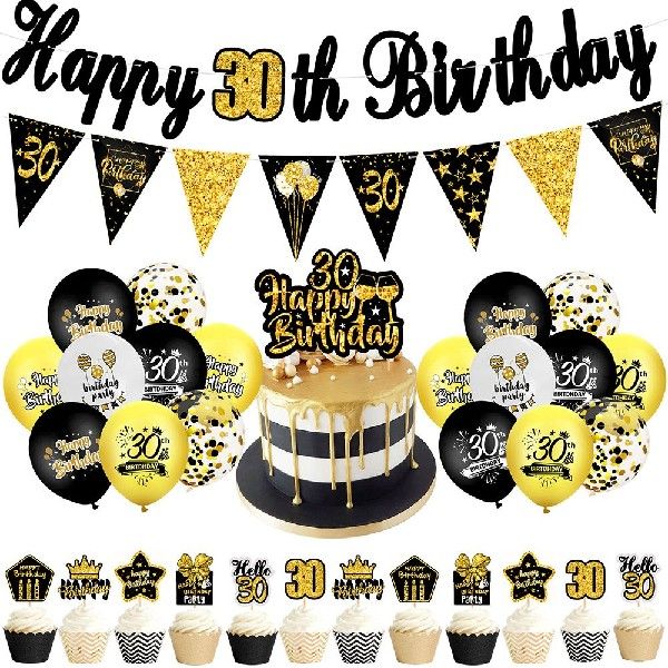 33pcs Gold Black Happy Birthday 30 40 50 60 Latex Balloons