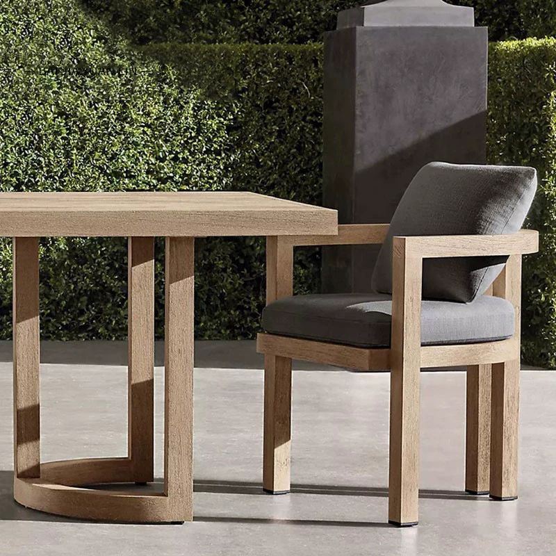 户外桌椅庭院实木休闲露天防腐柚木长桌防水防晒美式乡村圆桌家俱