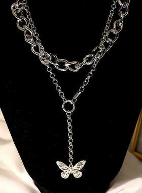 欧美夏季甜美bm风金属蝴蝶流苏吊坠Y字型多层项链男女性感锁骨链