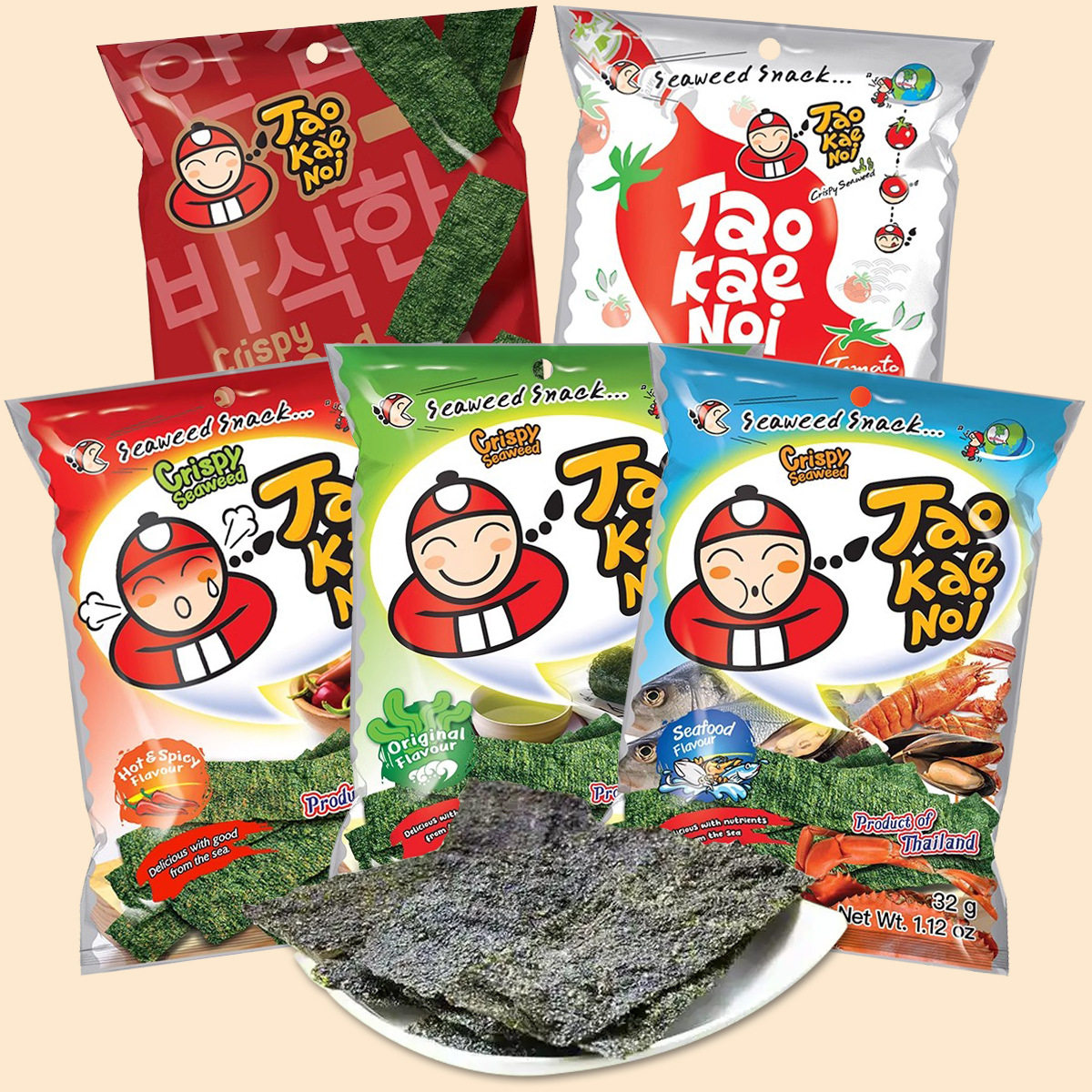 泰国32g老板仔烤海苔片即食薄脆紫菜番茄香辣海鲜味网红休闲零食