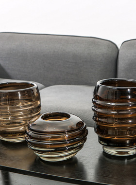 美式轻奢玻璃花瓶咖色条纹环形透明客厅桌面家居样板间工艺品摆件