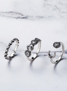Star Moon 3-piece set ring womens开口星星3件套装戒指做旧