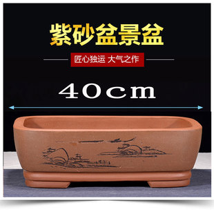 极速老宜兴手工紫砂花盆 绿植精品简约盆景 长方形榕树桩特大花盆