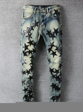 America Jeans Male blue Orange star Leather Patchwork Jeans