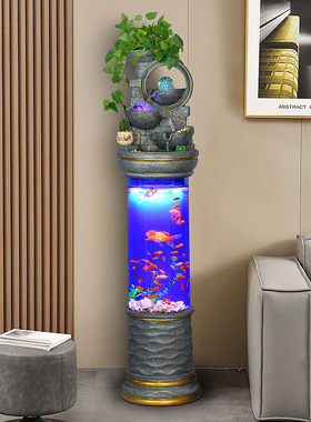 新中式创意流水喷泉水景圆柱形金鱼缸免换水客厅落地摆件加湿器