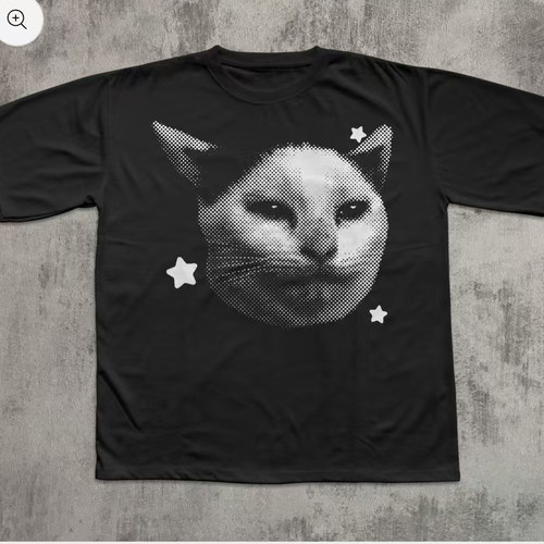 Y2K CAT FACE MEME FUNNY T-SHIRT猫勇敢面对趣味休闲短袖T恤男夏