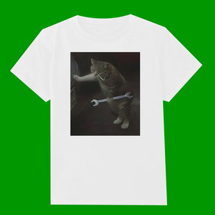 FUNNY T-SHIRT CAT 趣味搞笑猫咪拿扳手干活短袖T恤男2026夏新款