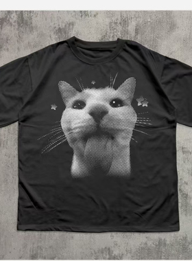 Y2K RETRO FREAKY CAT MEME T-SHIRT猫趣味休闲短袖T恤男2026夏潮
