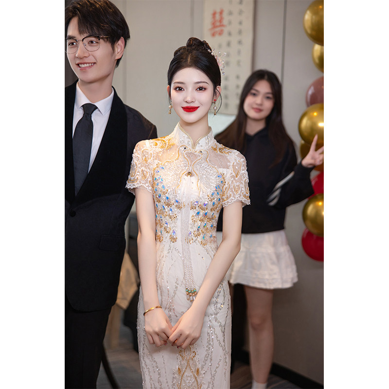 速发新中式旗袍订婚礼服敬024新款新娘衣服香槟色裙酒服凤凰高级