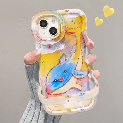 油画海豚适用苹果15iPhone16华为Mate双支架新款可爱手机壳