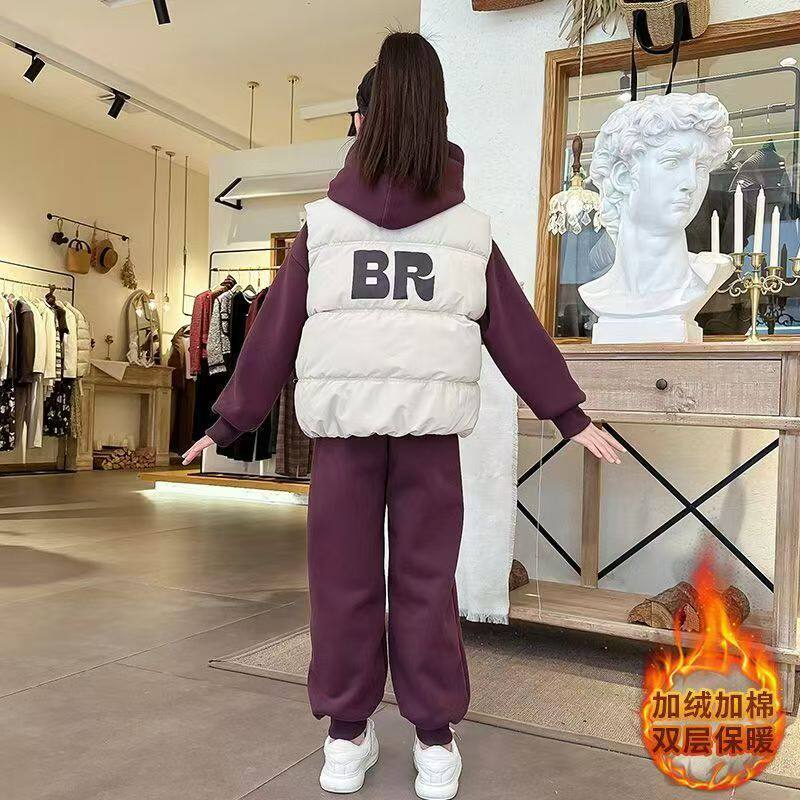 2024新款加绒加厚可拉红洋气网红女童冬款马甲卫衣三套套装