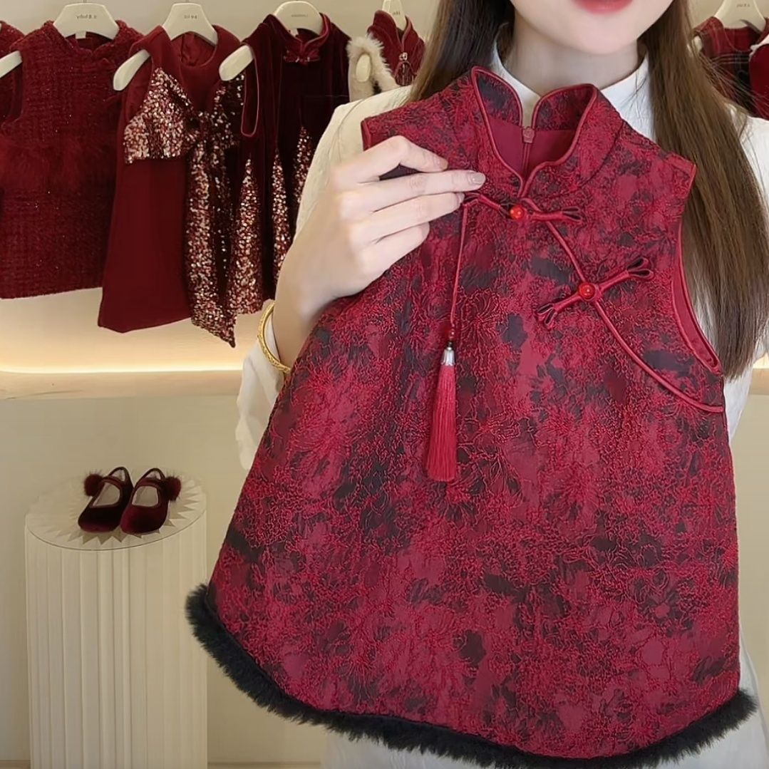 女童国风夹棉马甲旗袍裙2025秋冬款拜年服背心裙毛边新中式连衣裙