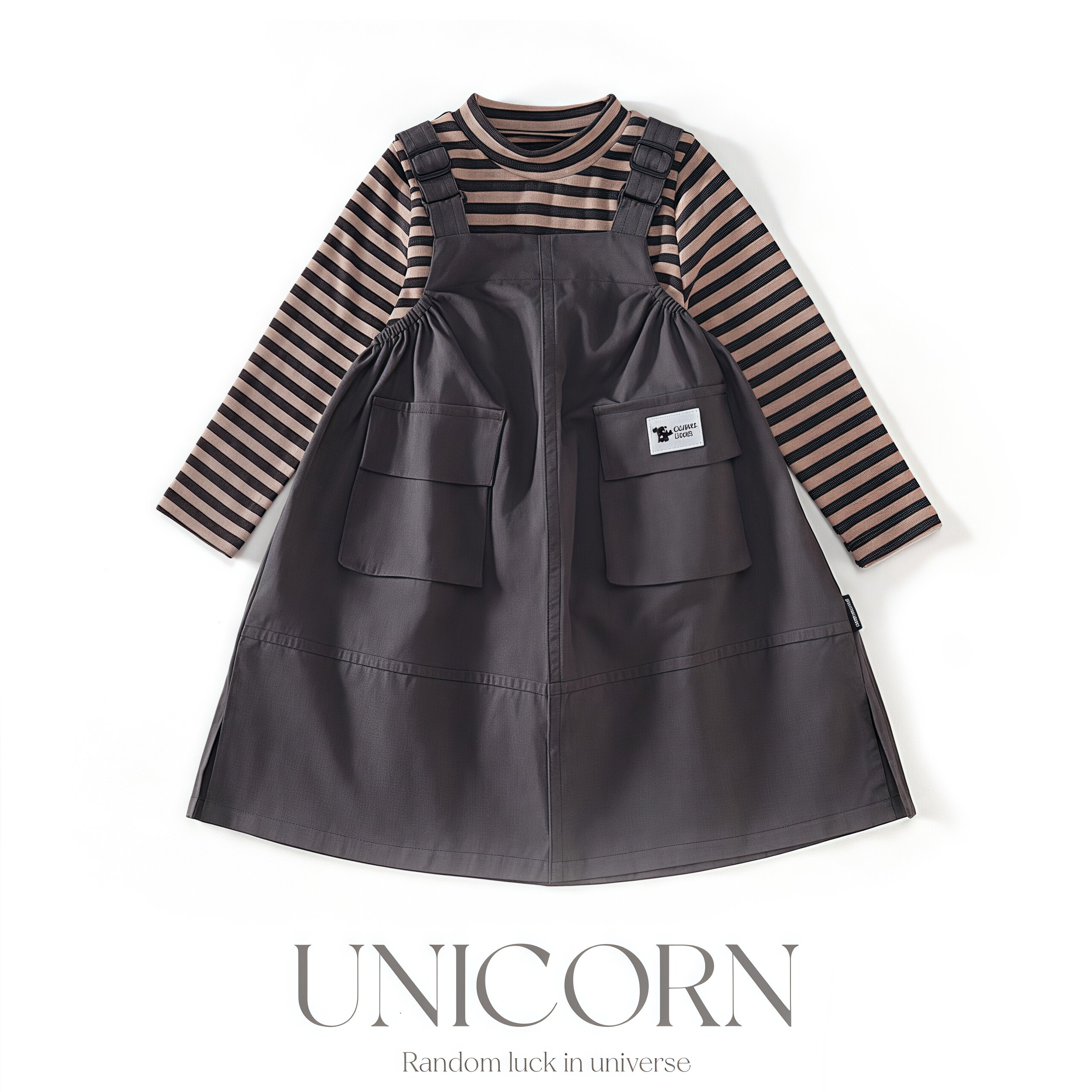 UNICORN女童26秋季新款韩版宽松休闲背带裙女宝条纹工装裙两件套