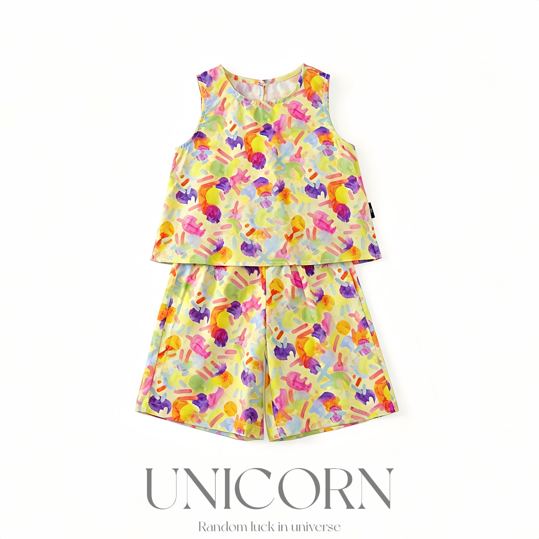 UNICORN女童26夏新款彩色涂鸦背心七分裤套装女宝休闲度假两件套