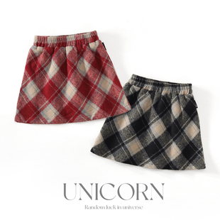 UNICORN女童25秋冬新款复古格纹毛呢A字短裙女宝韩版洋气半身裙