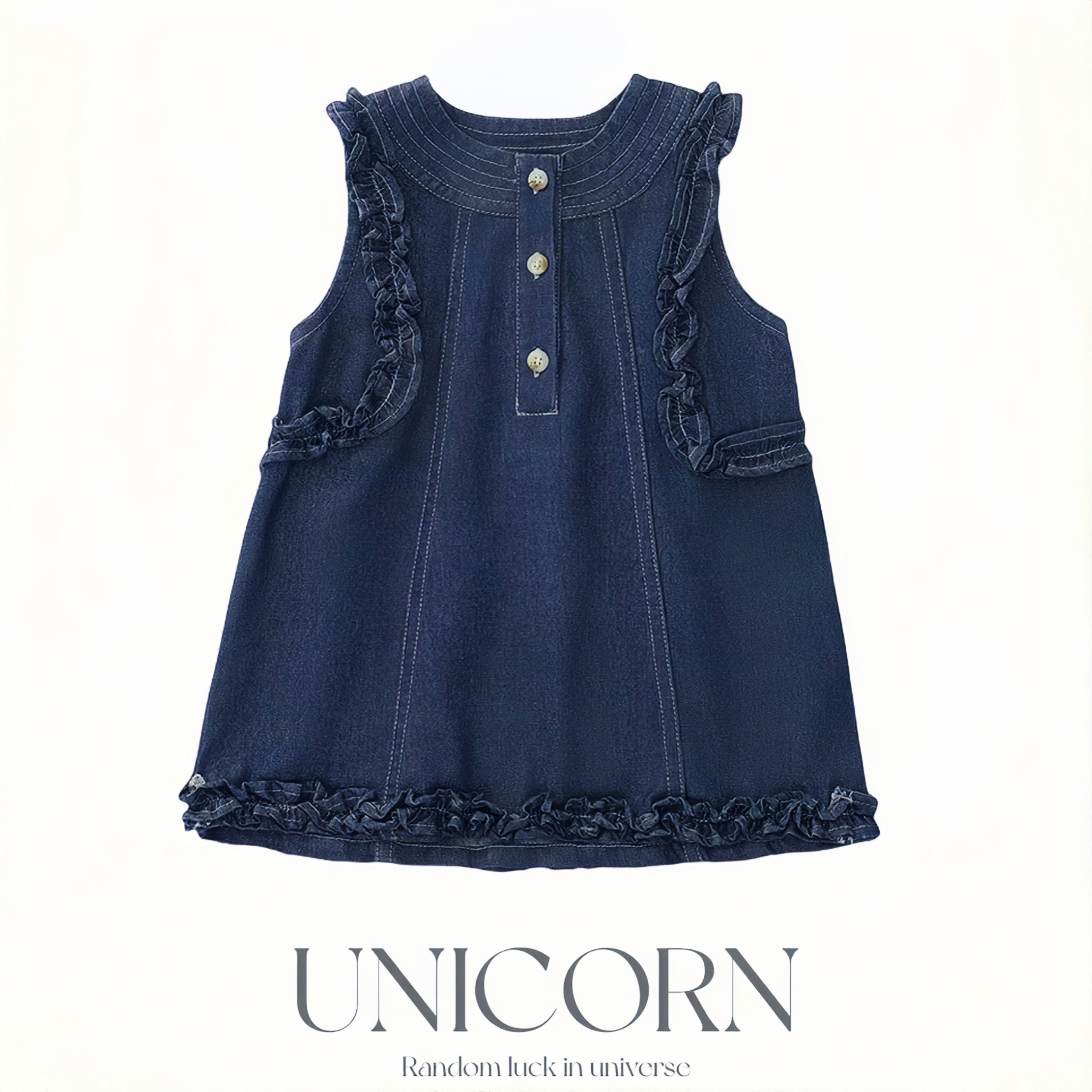 UNICORN女童2026年新款韩版可爱软牛仔背心裙木耳花边无袖连衣裙