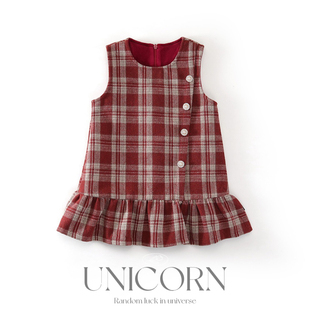 UNICORN女童秋冬款韩版格子毛呢背心连衣裙女宝学院风加绒公主裙