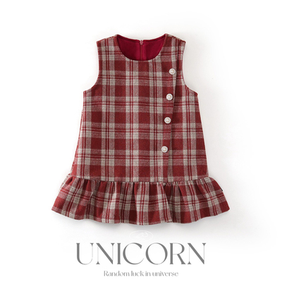 UNICORN女童秋冬款韩版格子毛呢背心连衣裙女宝学院风加绒公主裙