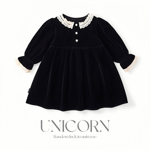 UNICORN秋冬女童法式复古公主高档连衣裙丝绒蕾丝拼接赫本风裙子