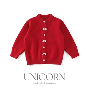 UNICORN女童26秋冬新款韩版蝴蝶结毛衣女宝红色圣诞针织开衫外套