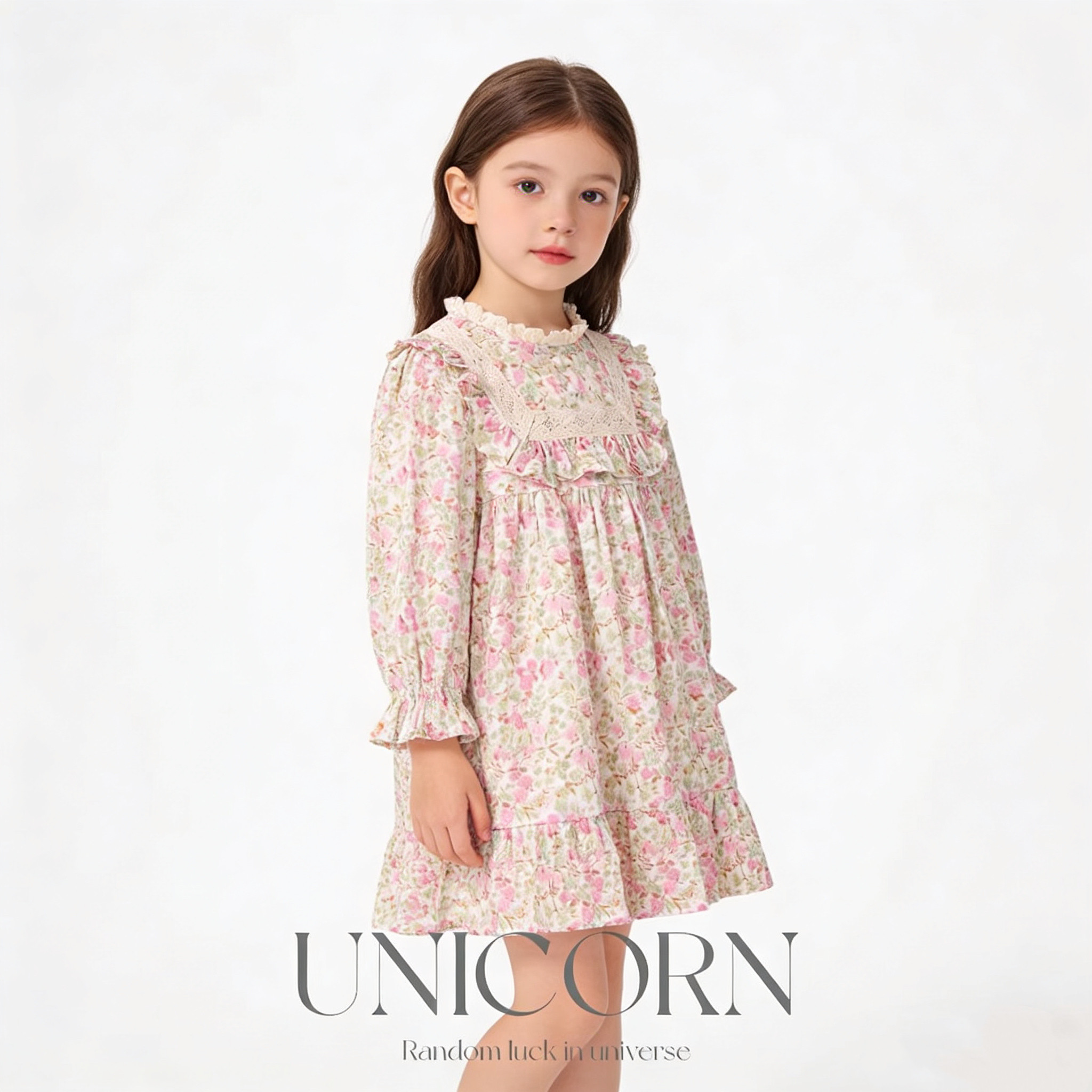 UNICORN女童26年春季新款韩版碎花纯棉连衣裙女宝洋气长袖公主裙