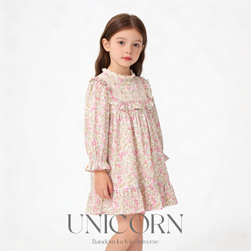 UNICORN女童26年春季新款韩版碎花纯棉连衣裙女宝洋气长袖公主裙