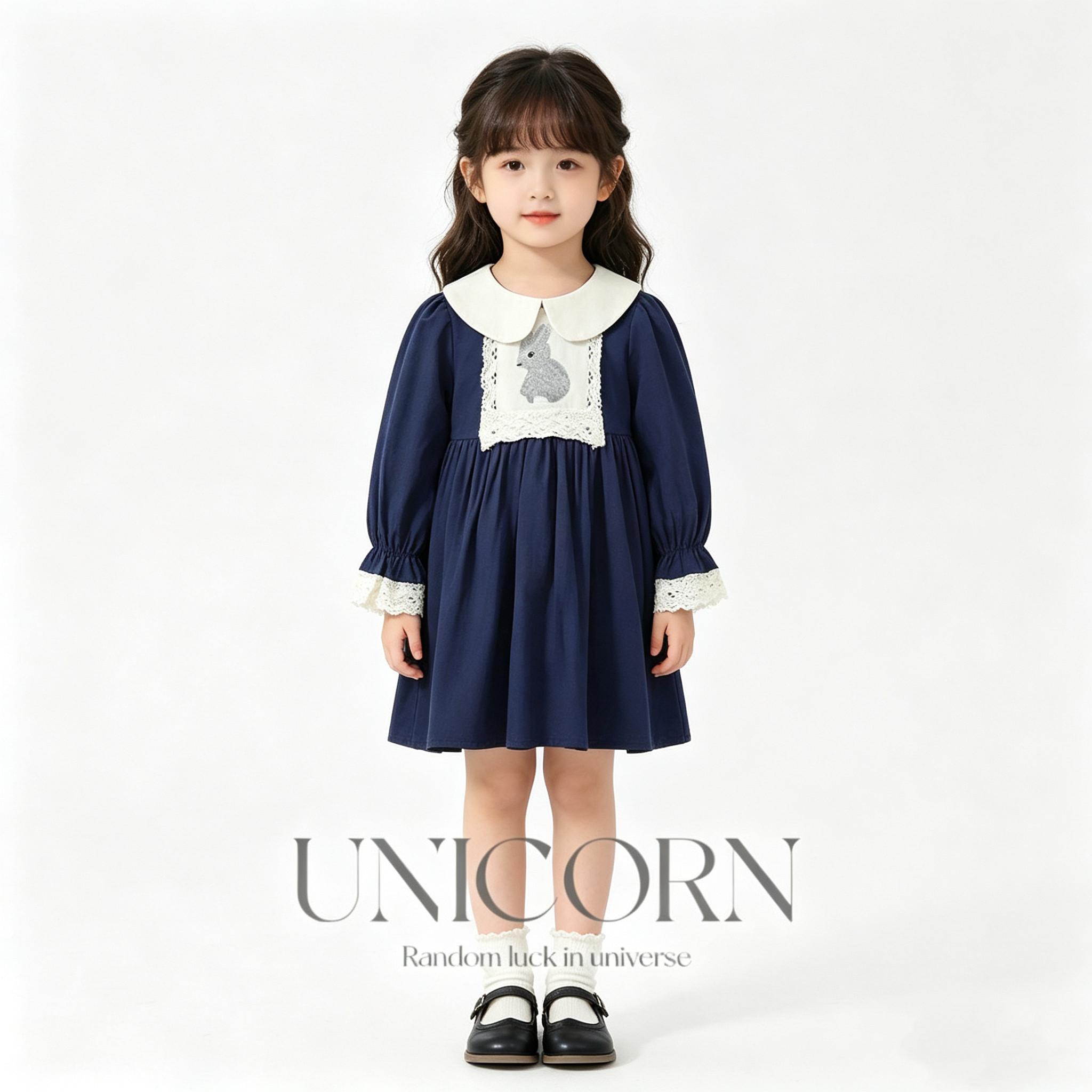 UNICORN女童英伦风纯棉娃娃领卡通刺绣连衣裙春季新款可爱公主裙
