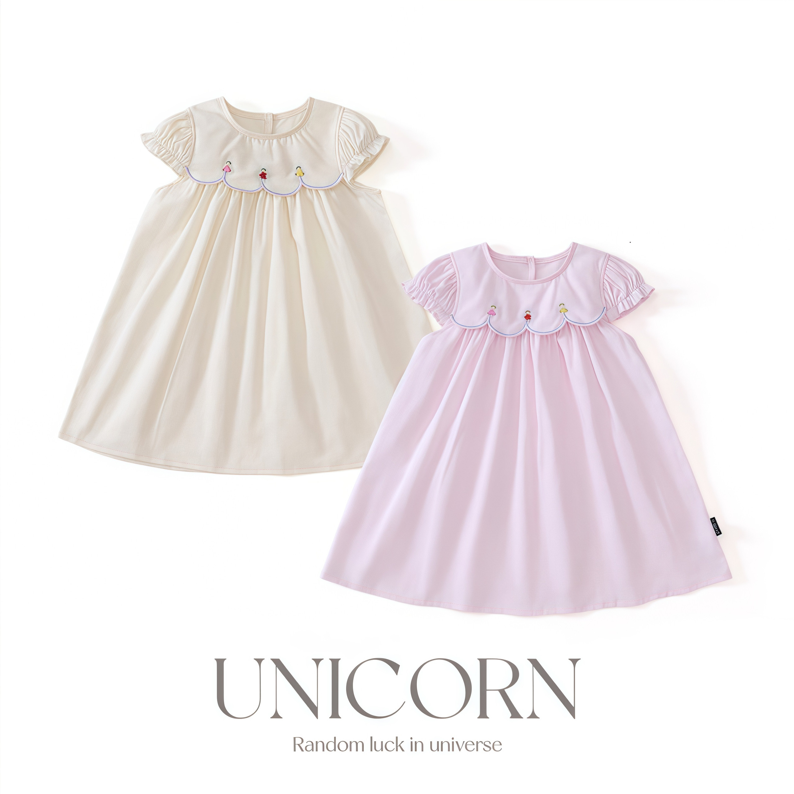UNICORN女童连衣裙夏季新款韩版森系刺绣花朵领短袖甜美公主裙