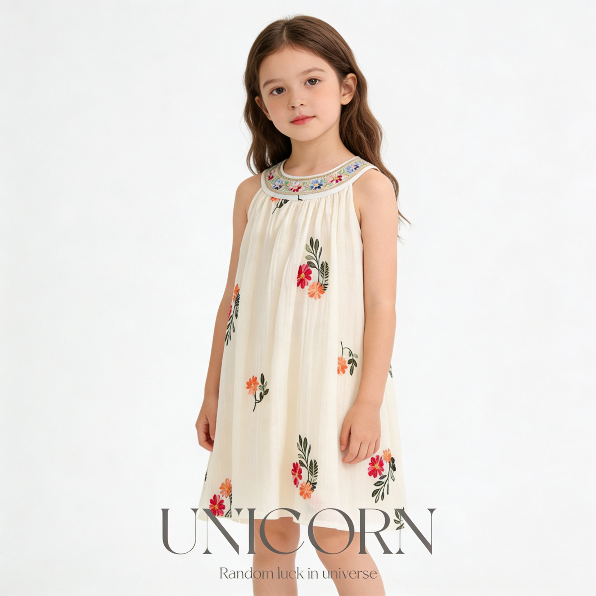UNICORN女童26年夏季新款雪纺无袖背心连衣裙民族风刺绣连衣裙